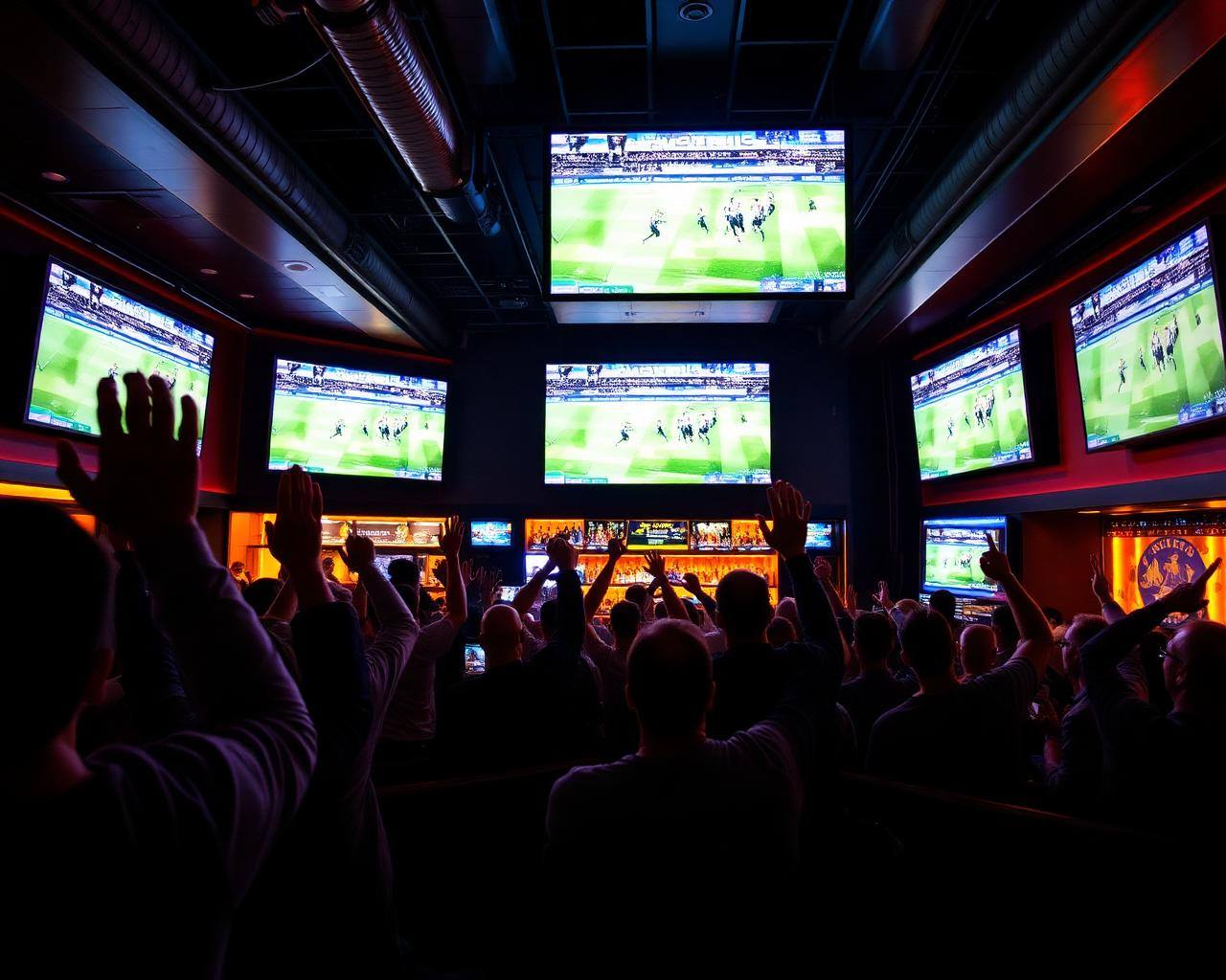 Torcedores assistindo a uma partida em um bar com vários telões